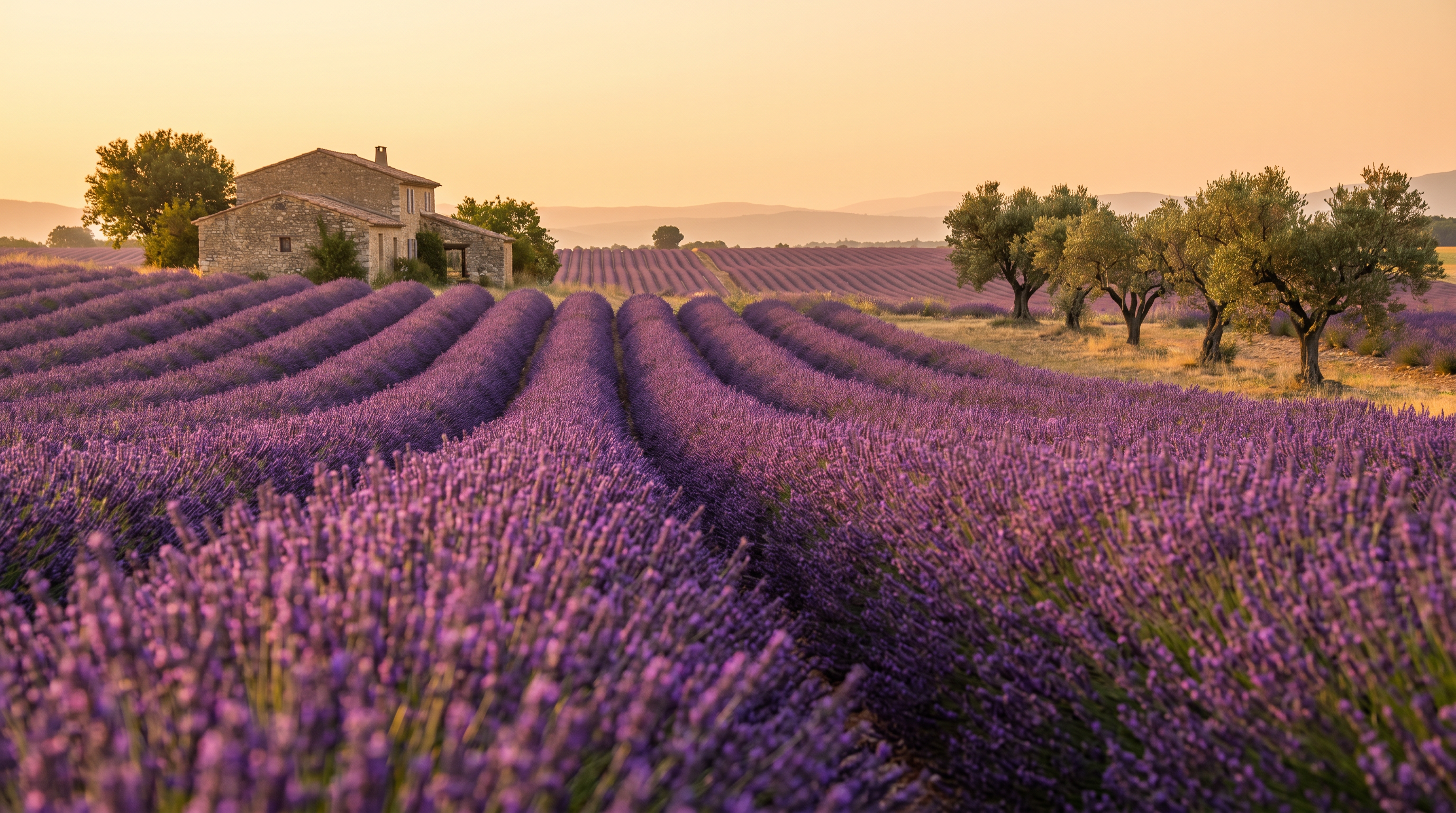 Champs de lavande en Provence au coucher du soleil